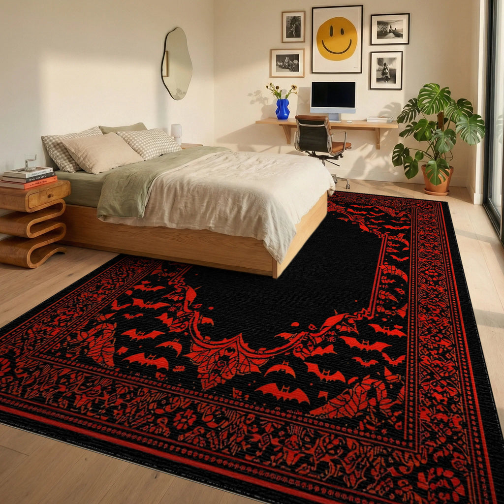 Gothic Red Black Bat Border Rug - Bedroom View