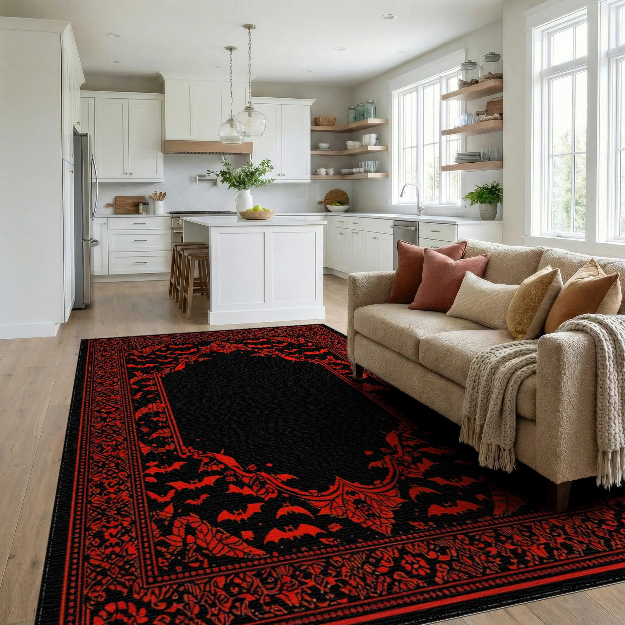 Gothic Red Black Bat Border Rug - Living Room View