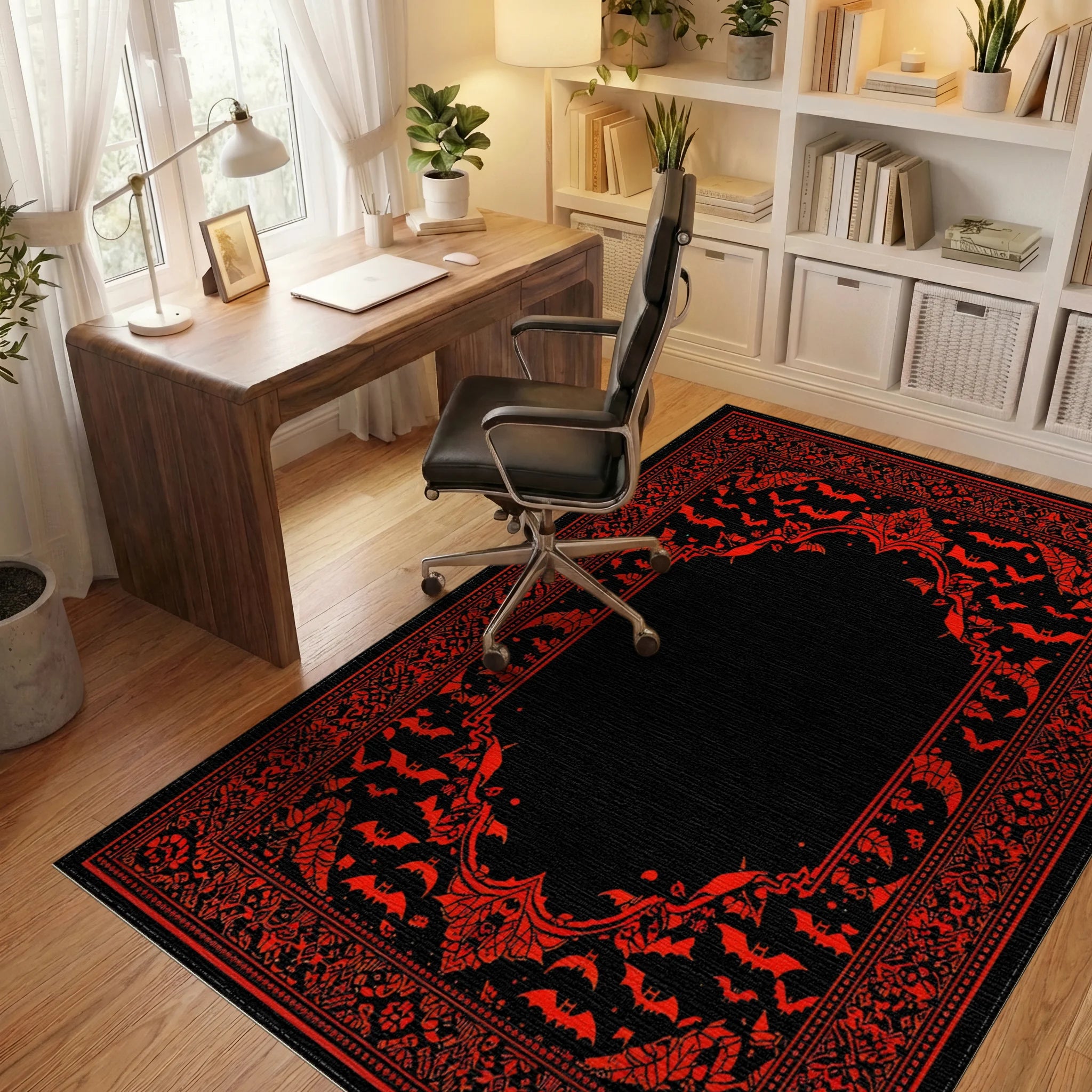 Gothic Red Black Bat Border Rug - Office View