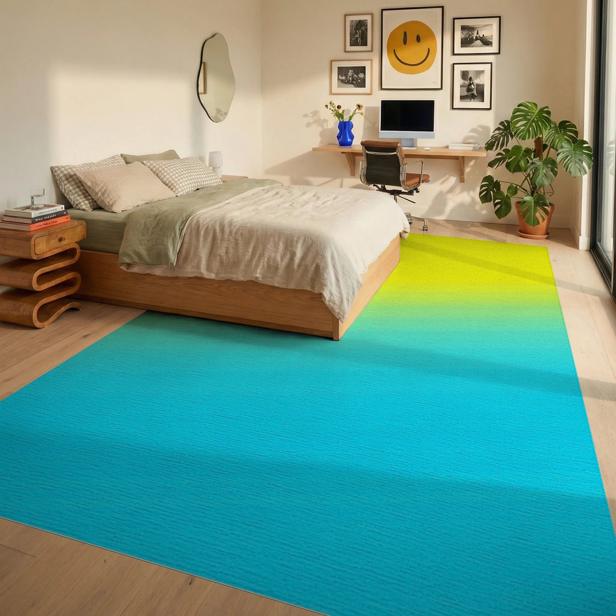 Gradient Yellow Blue Abstract Lines Rug Bedroom View