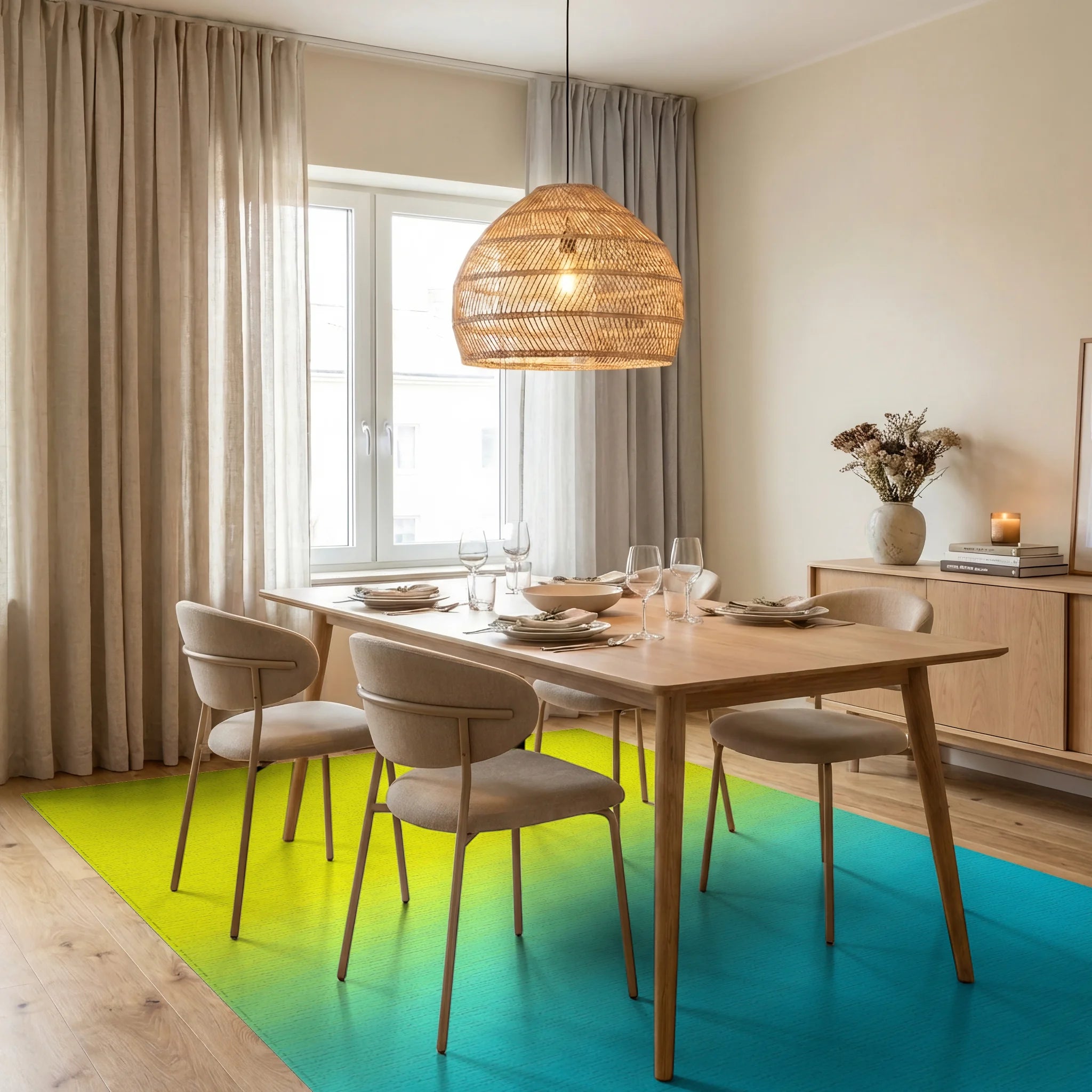Gradient Yellow Blue Abstract Lines Rug Dining Room View
