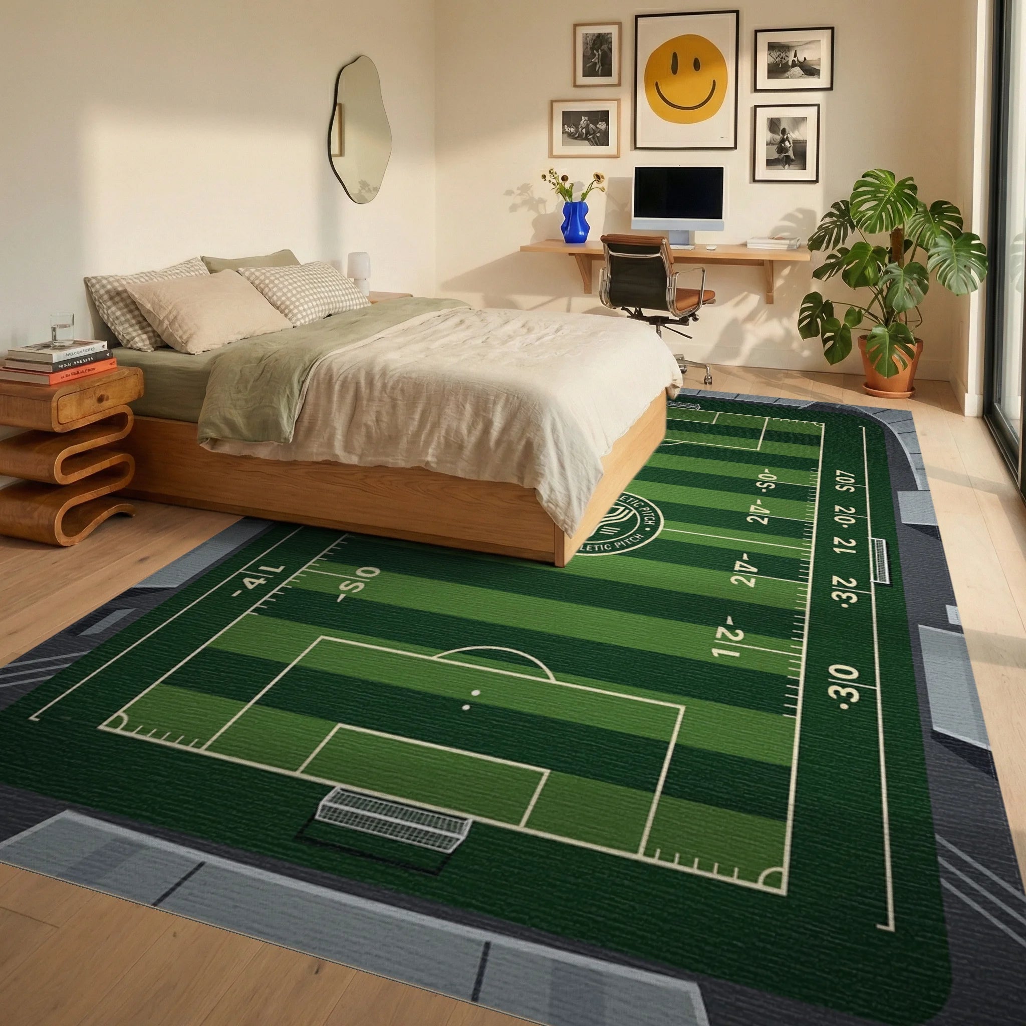 Graphic Green Soccer Field Sports Rug Bedroom View