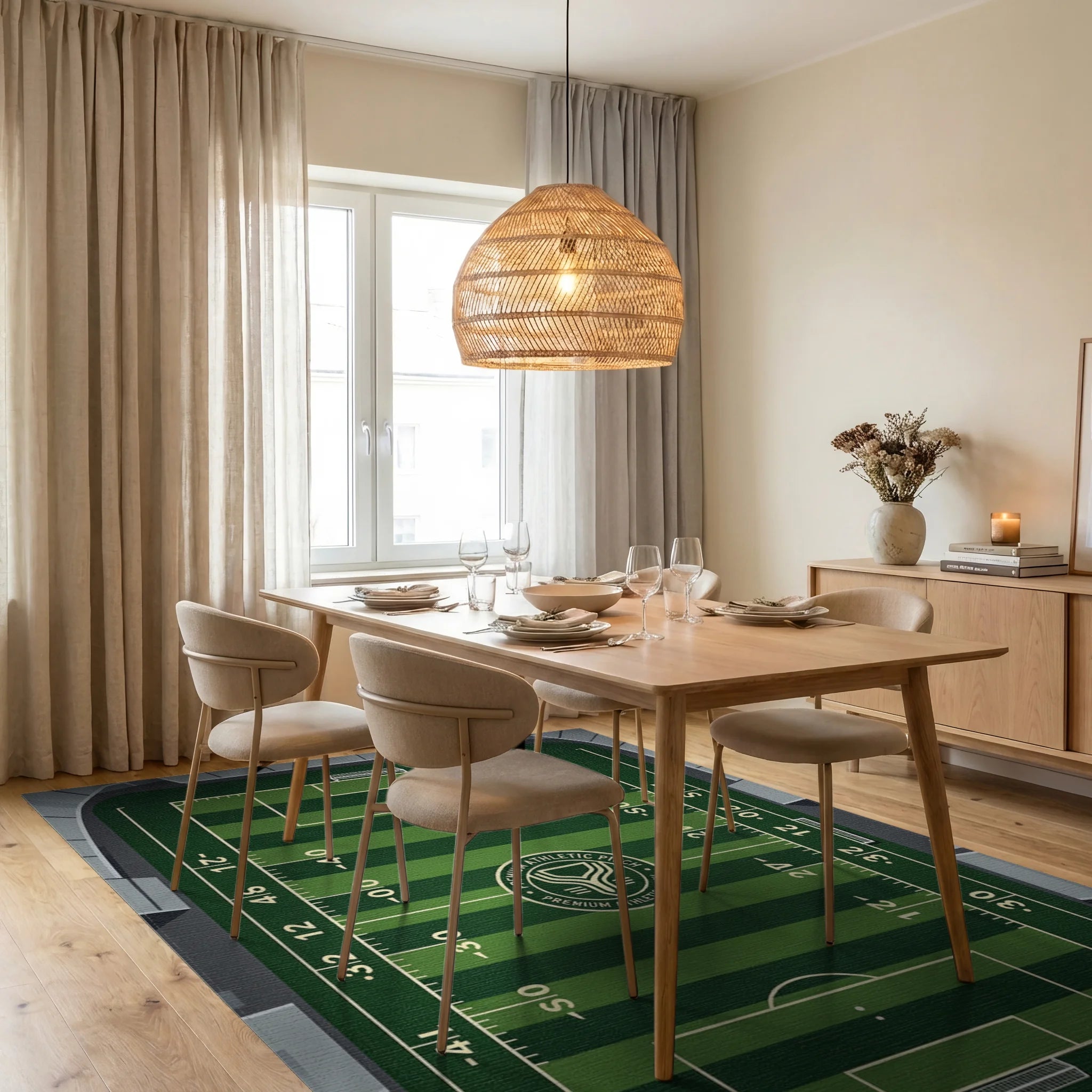 Graphic Green Soccer Field Sports Rug Dining Room View