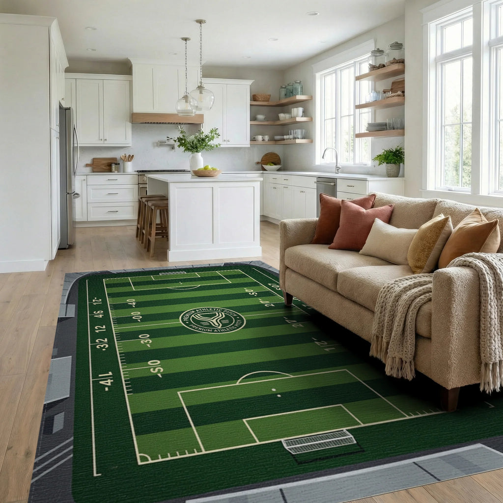 Graphic Green Soccer Field Sports Rug Living Room View