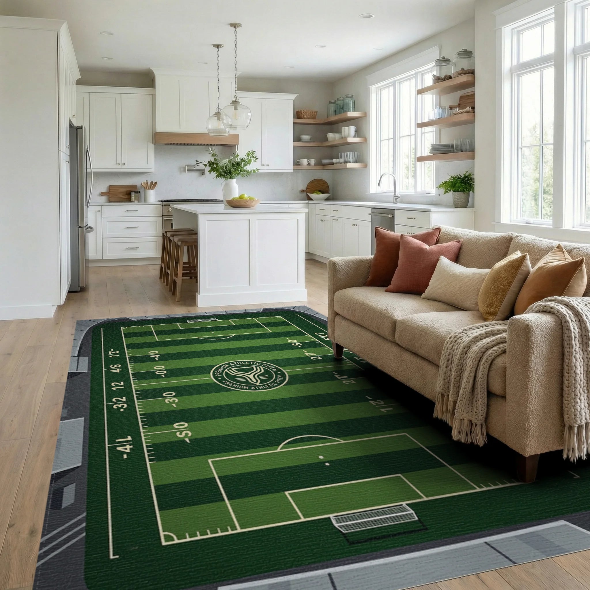 Graphic Green Soccer Field Sports Rug Living Room View