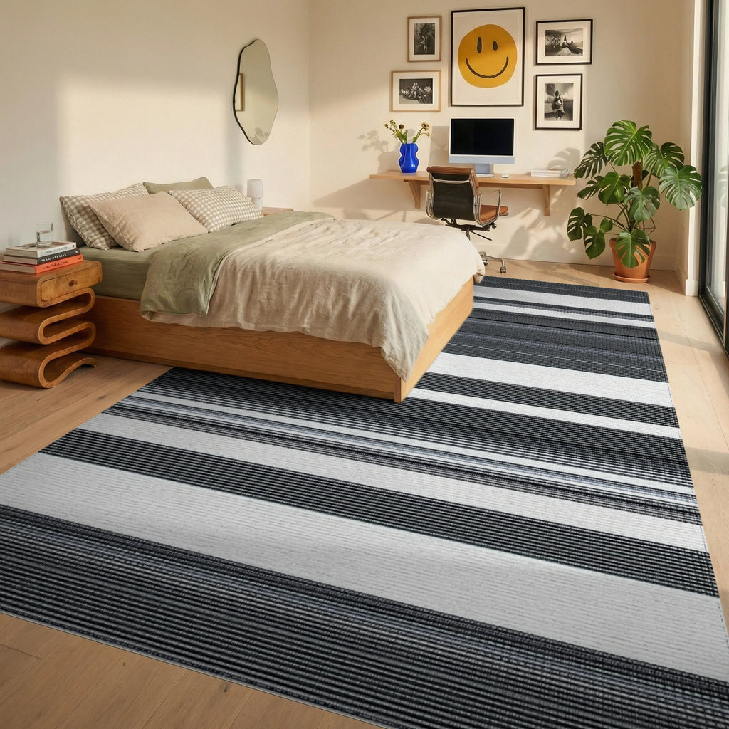 Graphic Horizontal Lines Rug - Bedroom View