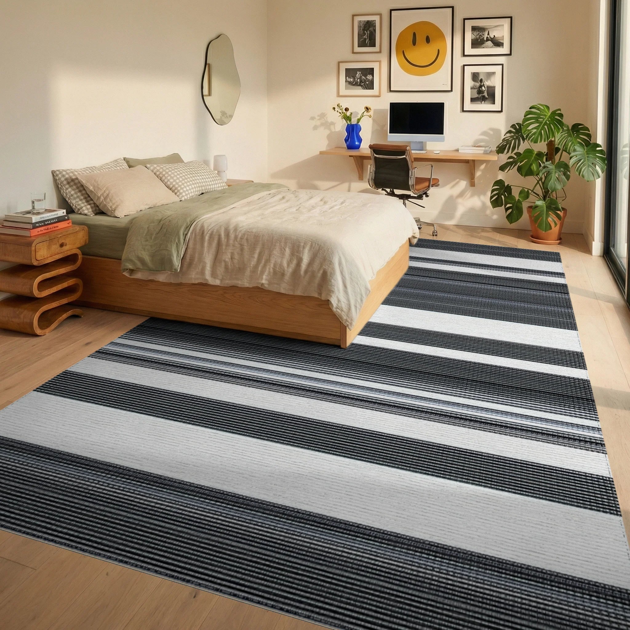 Graphic Horizontal Lines Rug - Bedroom View
