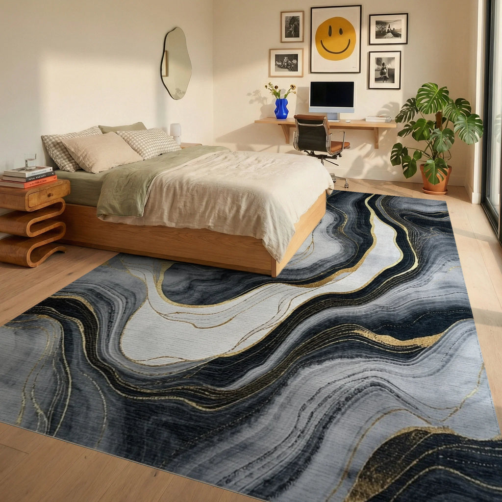 Gray Black Gold Vein Marble Rug - Bedroom View