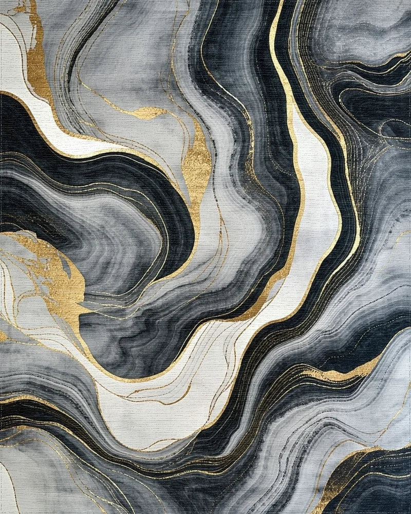 Gray Black Gold Vein Marble Rug - Cutout View