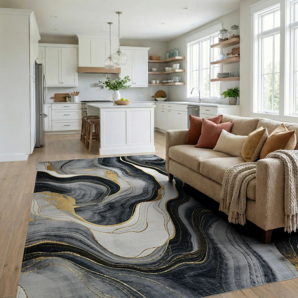 Gray Black Gold Vein Marble Rug - Living Room View