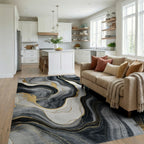 Gray Black Gold Vein Marble Rug - Living Room View