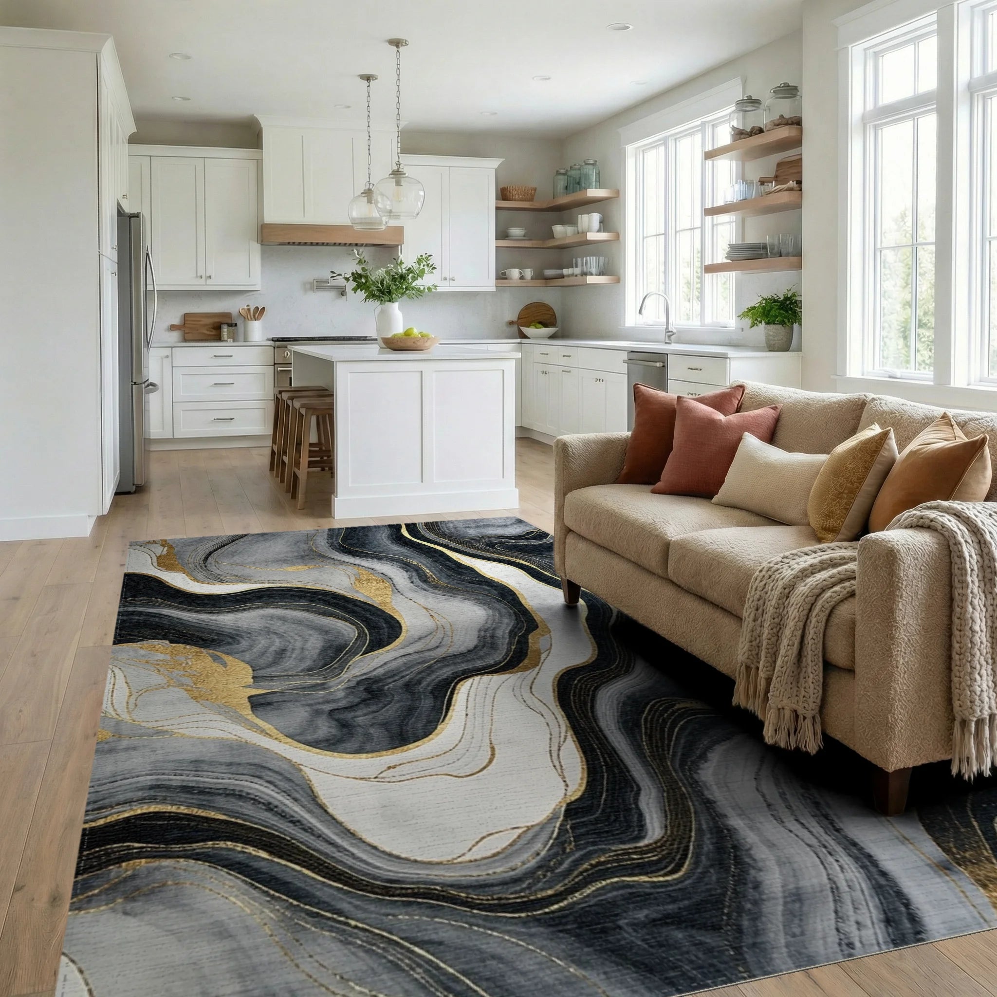 Gray Black Gold Vein Marble Rug - Living Room View