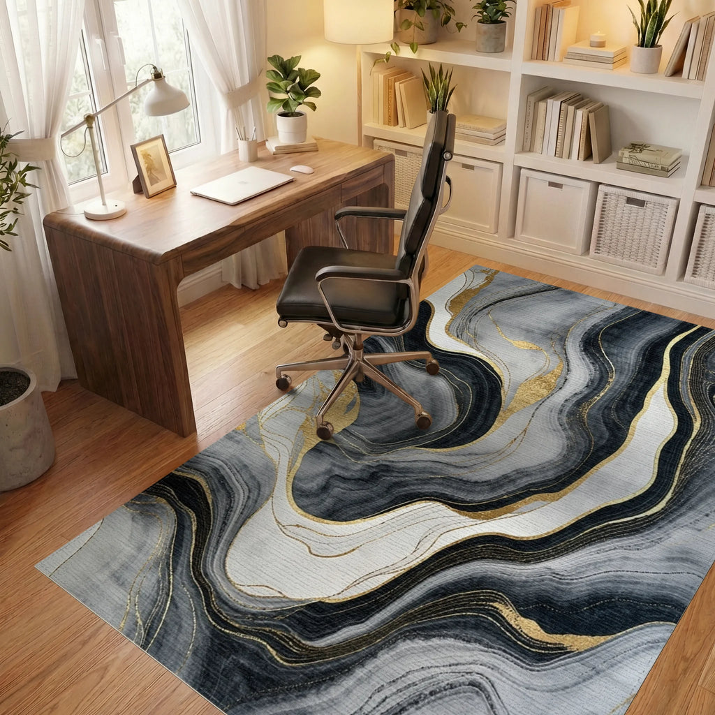 Gray Black Gold Vein Marble Rug - Office View