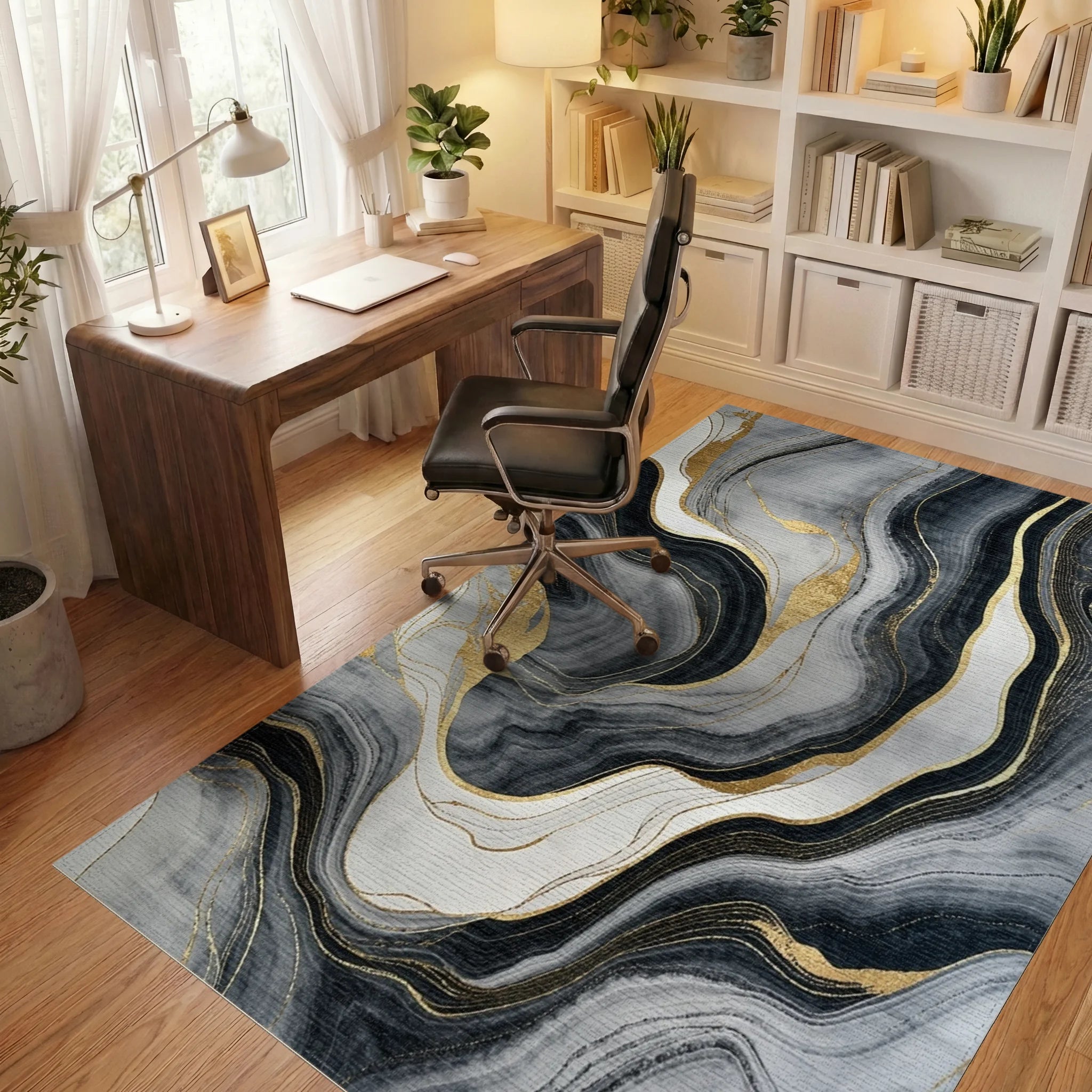 Gray Black Gold Vein Marble Rug - Office View