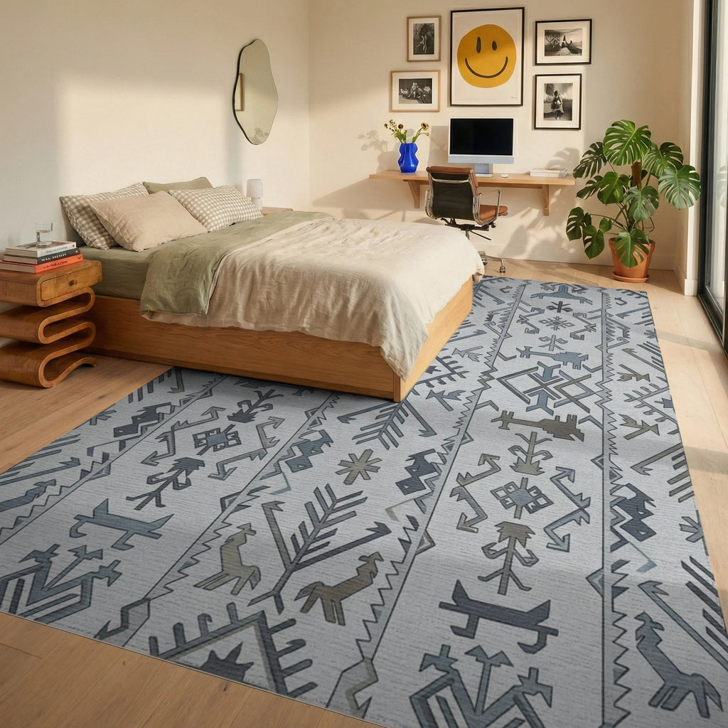 Gray Blue Tribal Band Geometric Rug Bedroom View