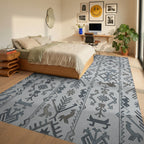 Gray Blue Tribal Band Geometric Rug Bedroom View
