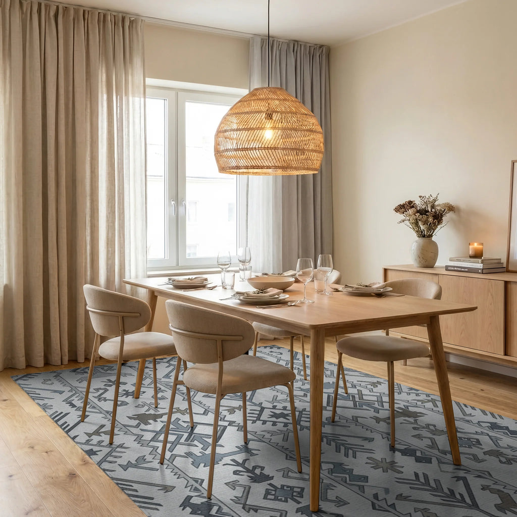 Gray Blue Tribal Band Geometric Rug Dining Room View