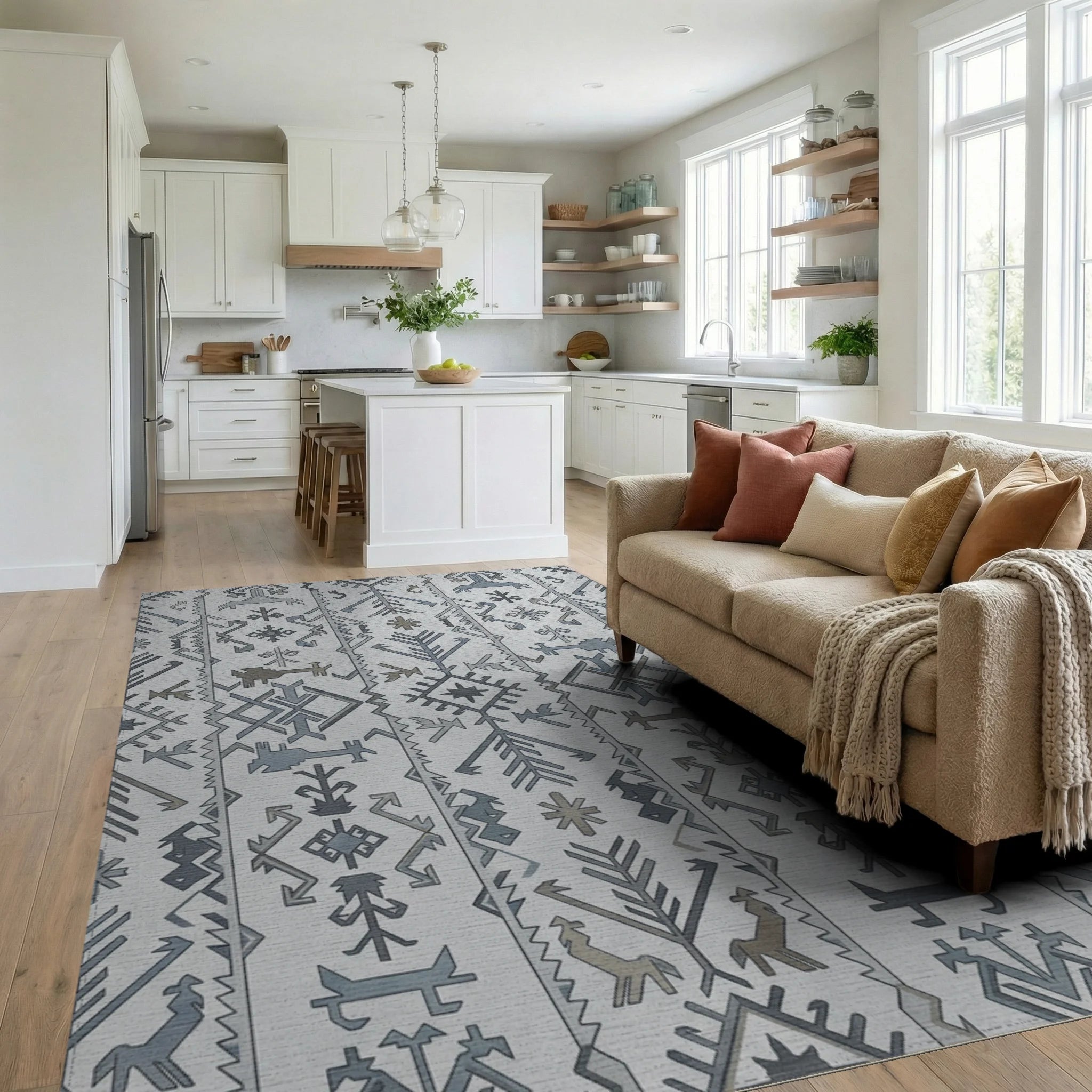 Gray Blue Tribal Band Geometric Rug Living Room View