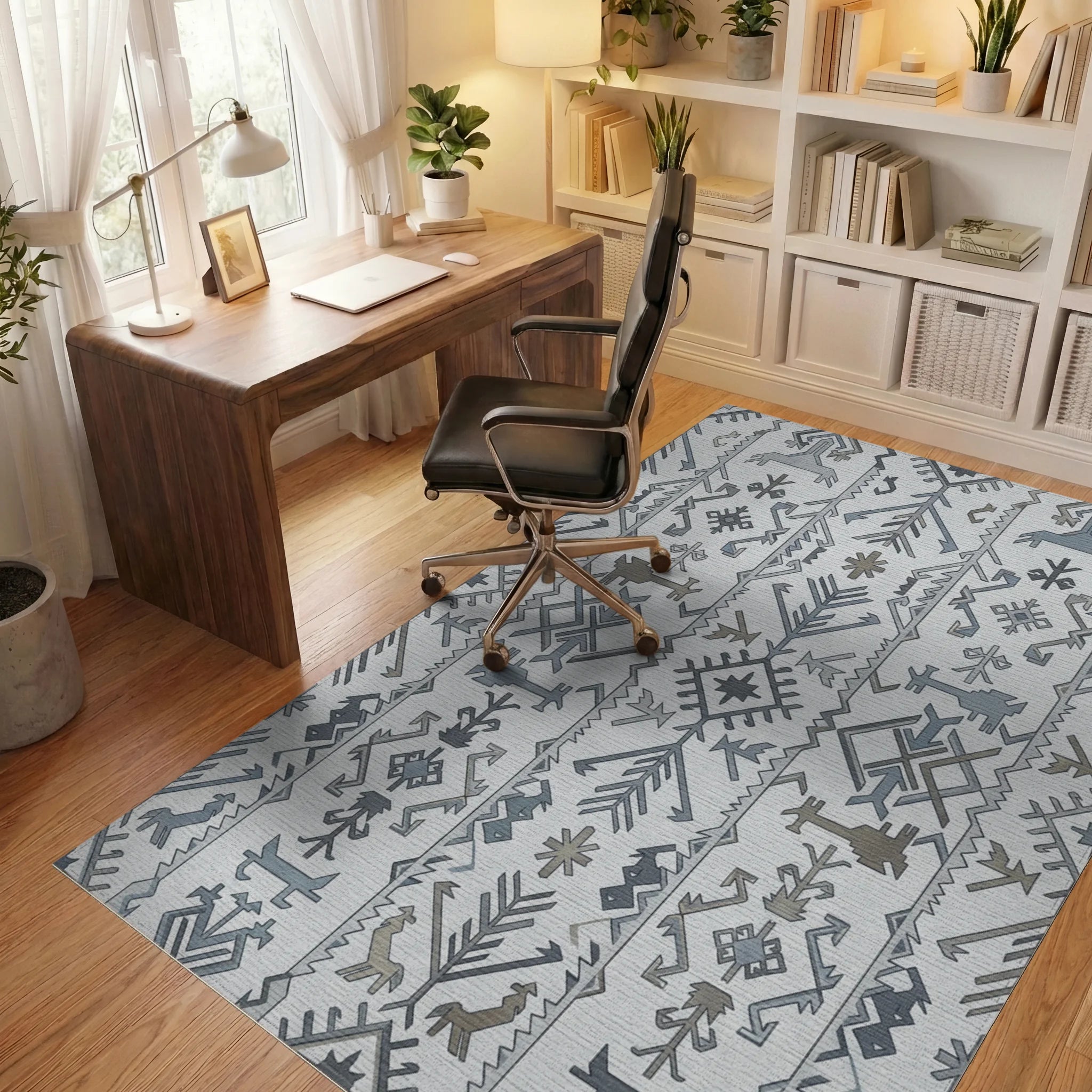 Gray Blue Tribal Band Geometric Rug Office View