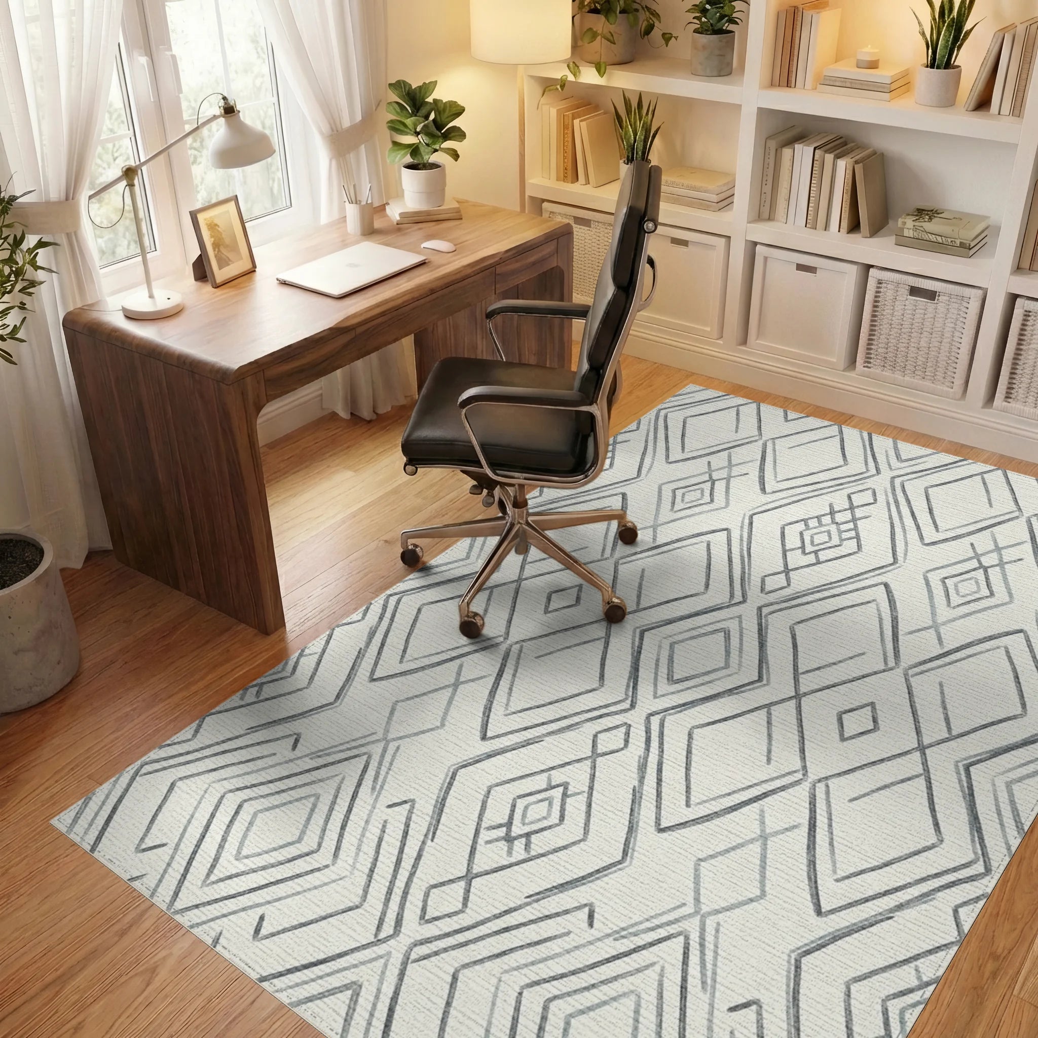 Gray Diamond Overlay Geometric Rug Office View