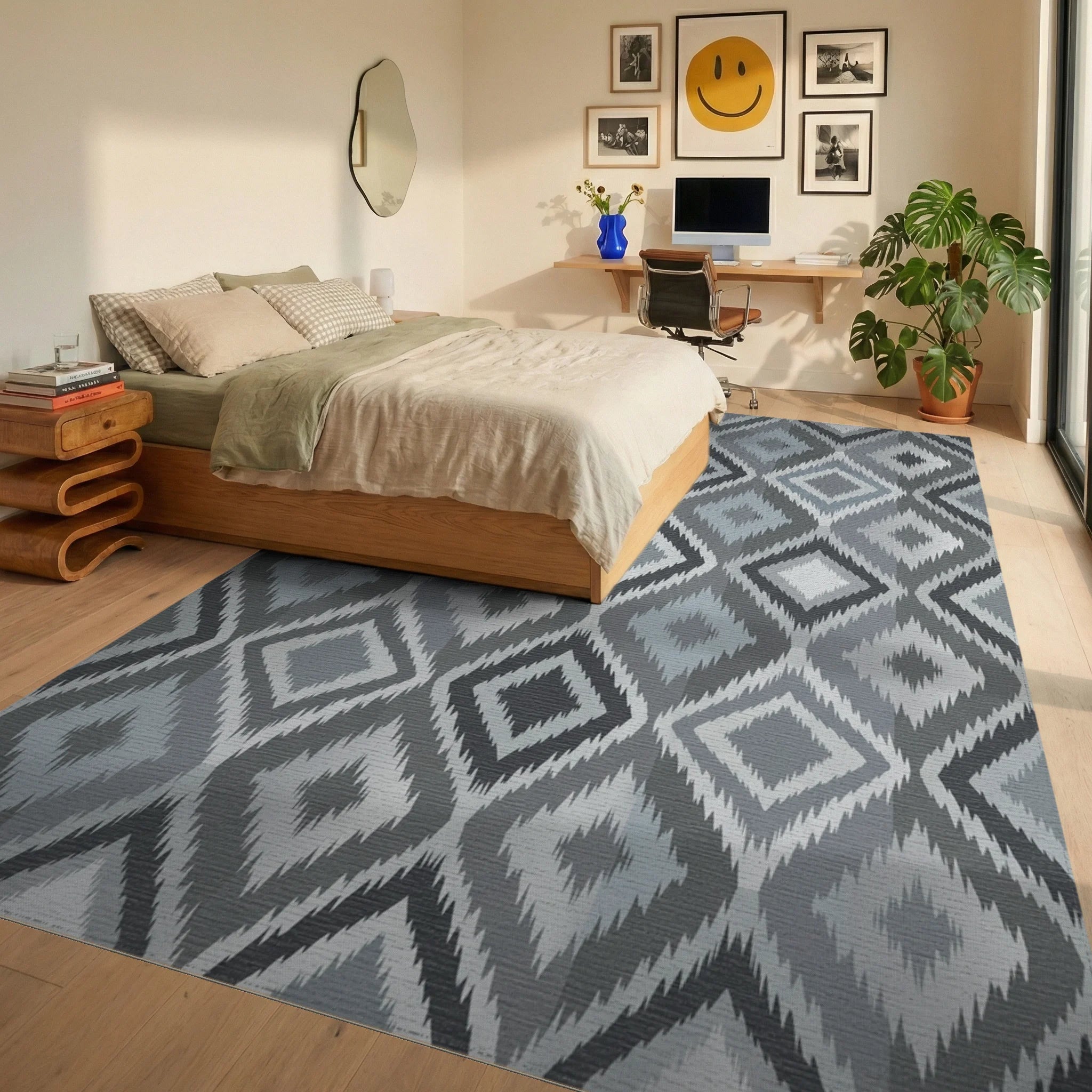Gray Diamond Tribal Geometric Rug Bedroom View