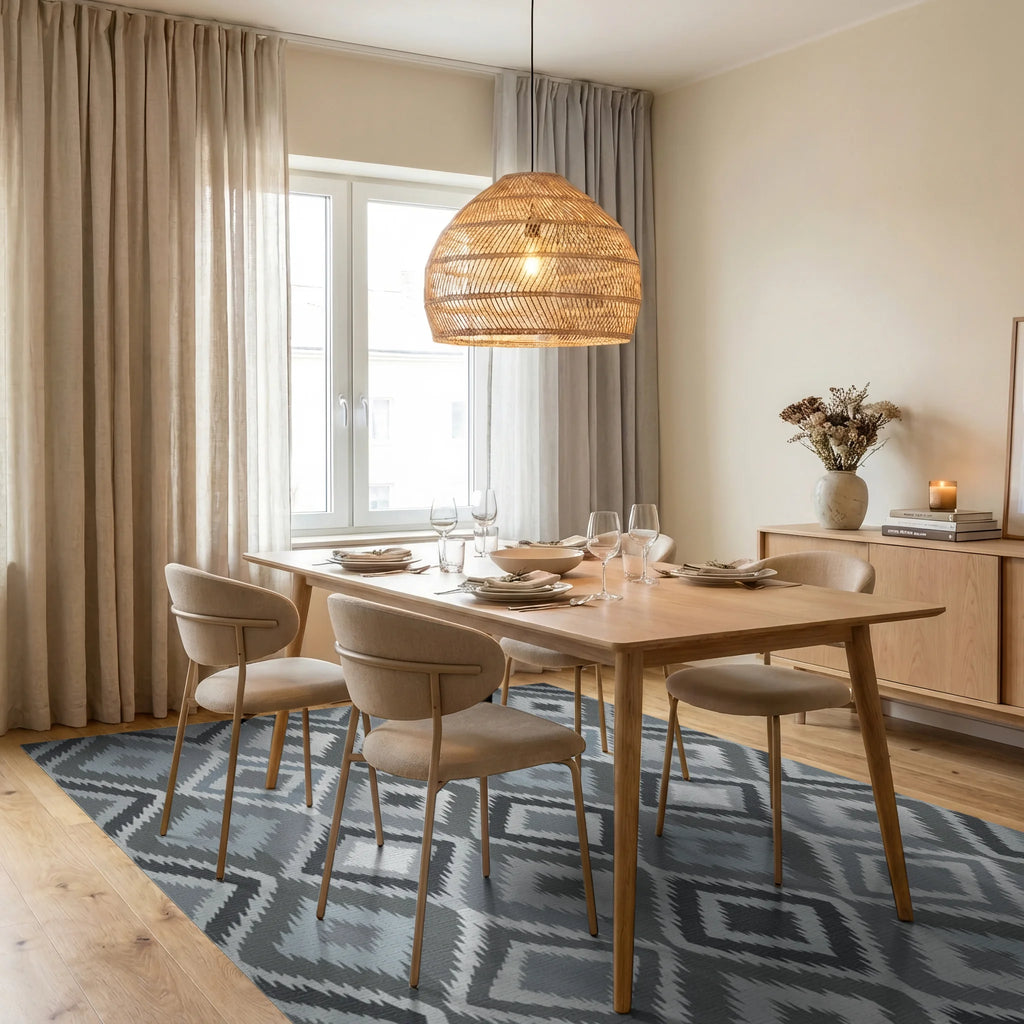 Gray Diamond Tribal Geometric Rug Dining Room View