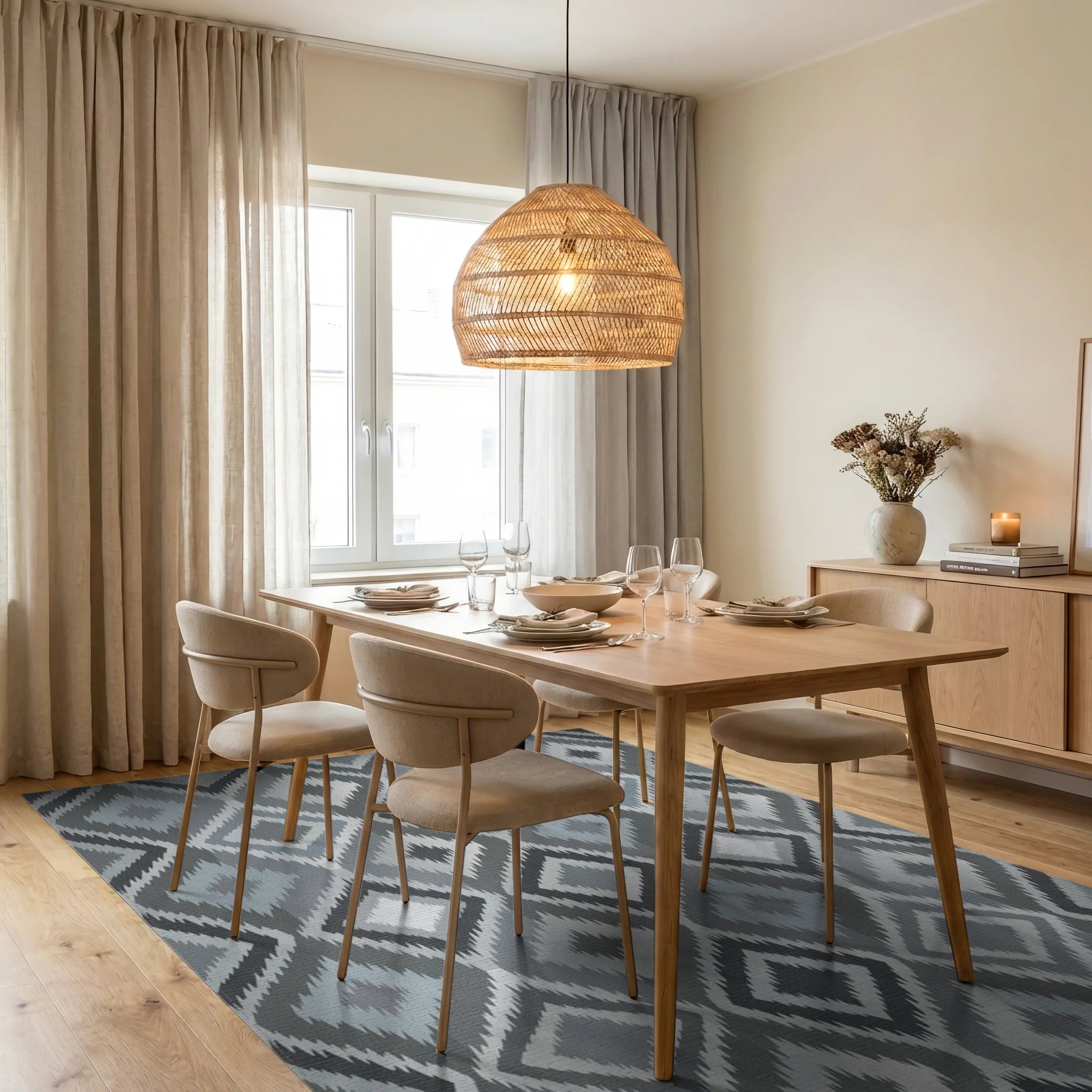 Gray Diamond Tribal Geometric Rug Dining Room View