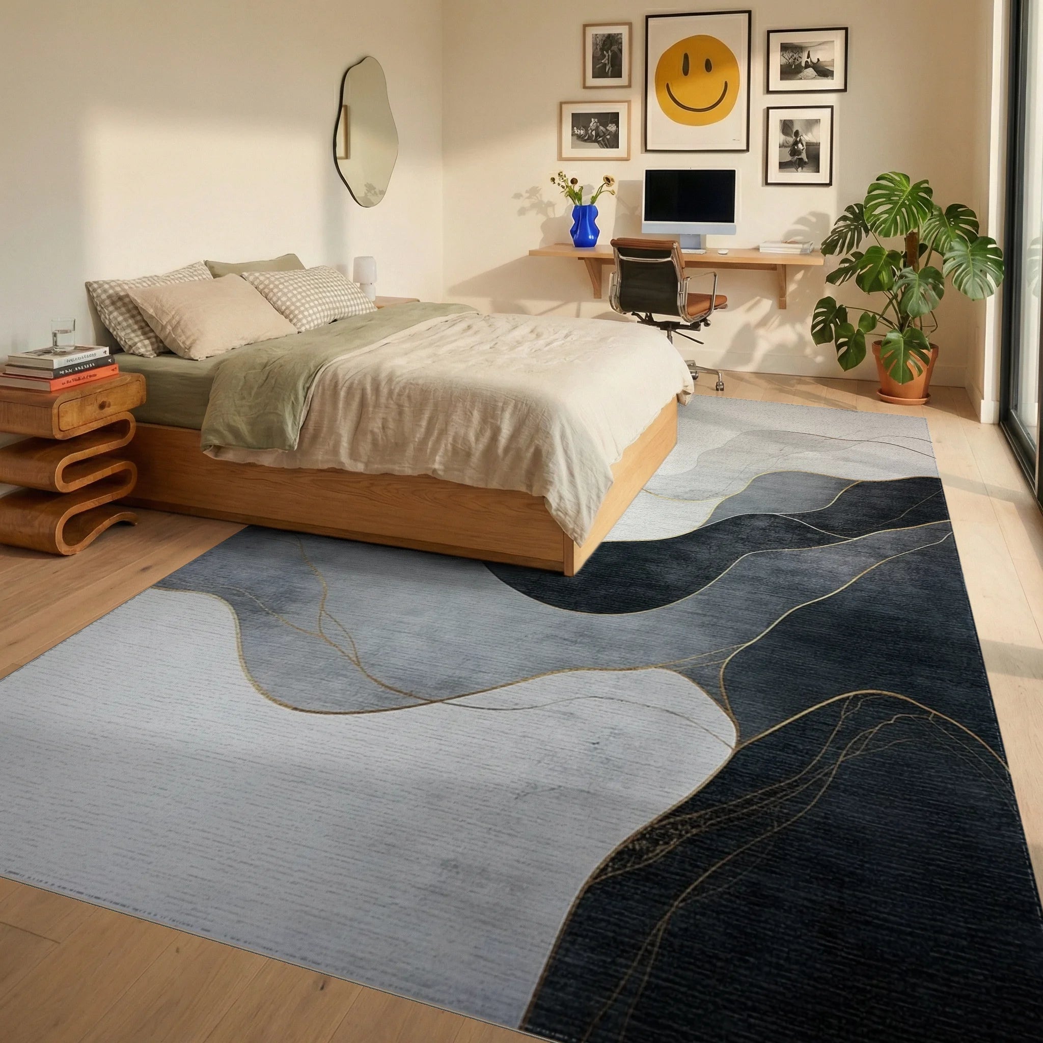 Gray Gold Fluid Abstract Rug Bedroom View
