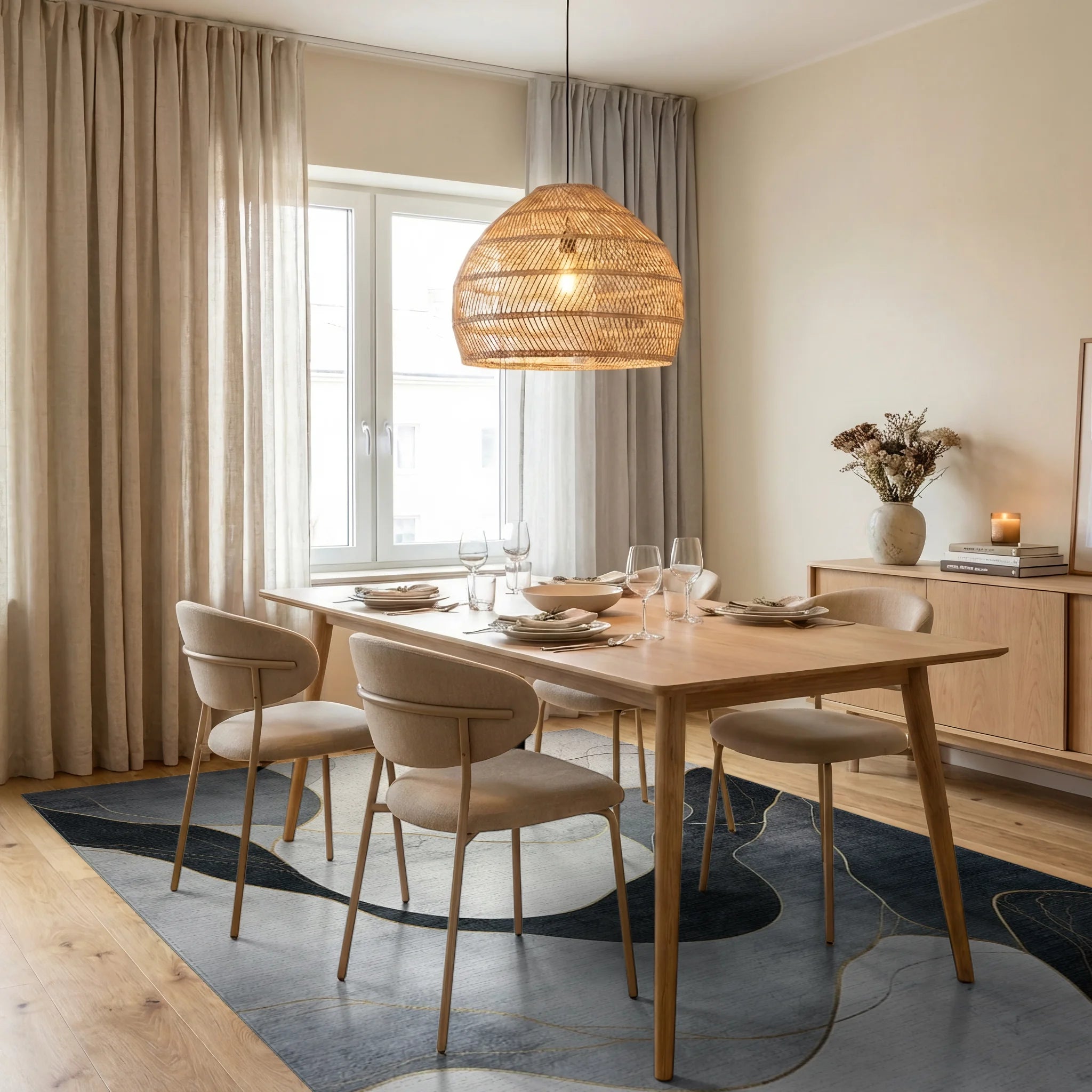 Gray Gold Fluid Abstract Rug Dining Room View