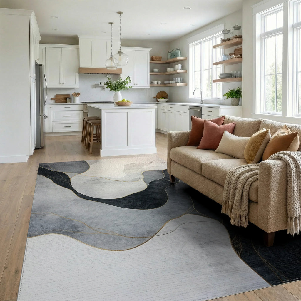 Gray Gold Fluid Abstract Rug Living Room View