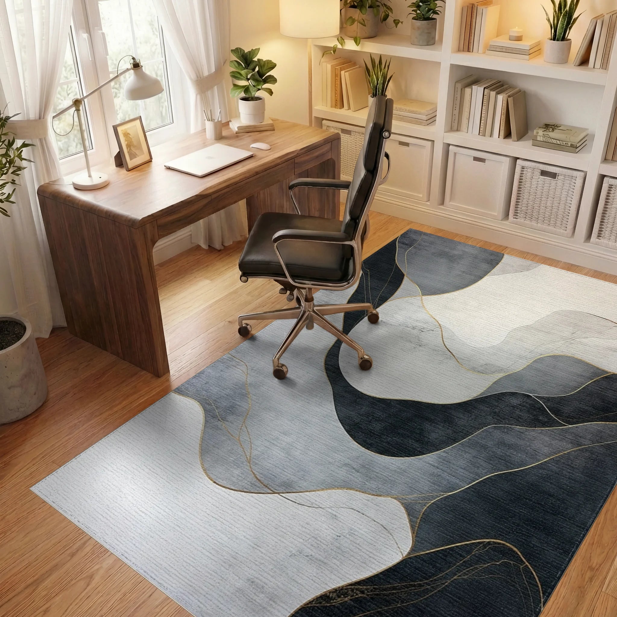 Gray Gold Fluid Abstract Rug Office View