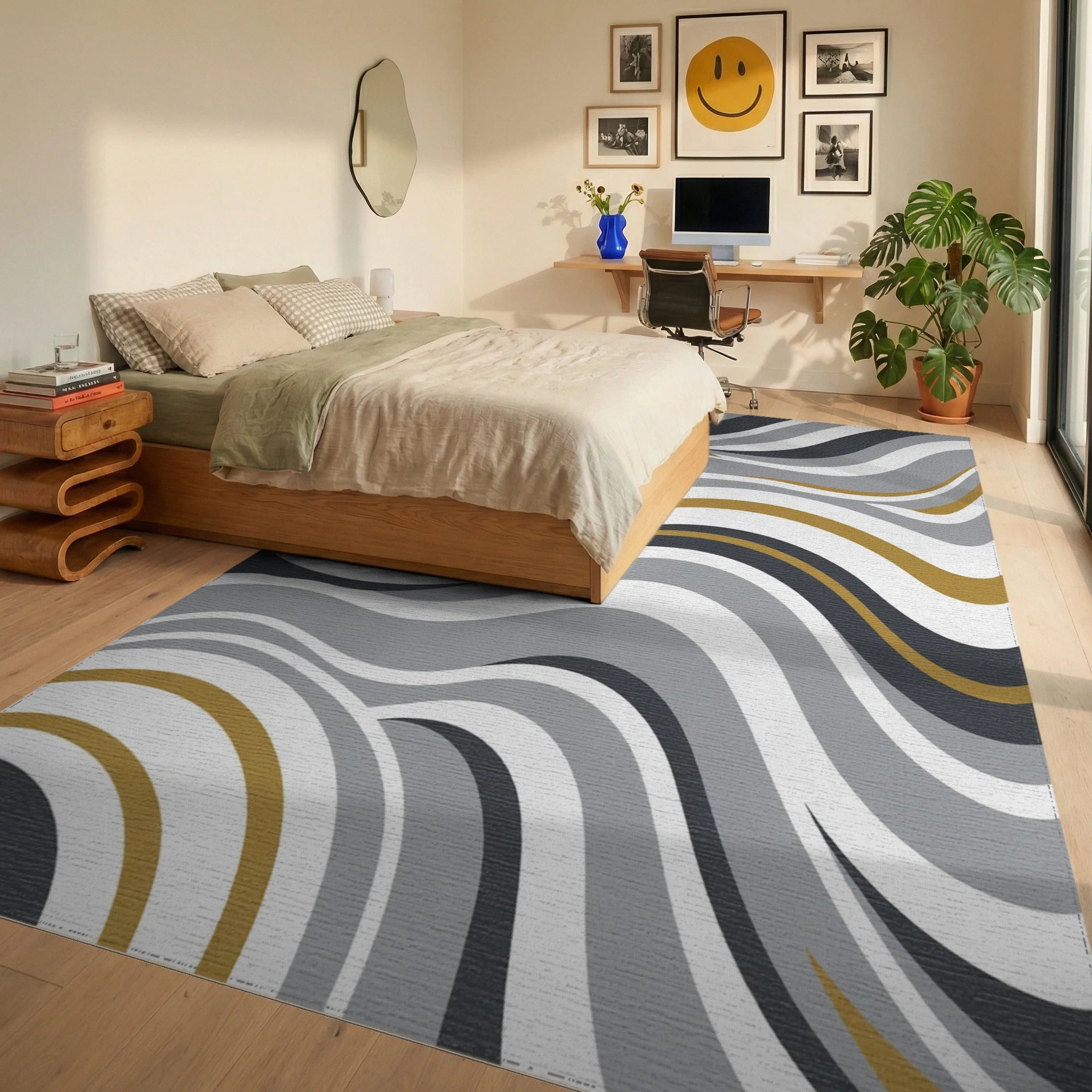 Gray Gold Wave Stripe Landscape Rug Bedroom View