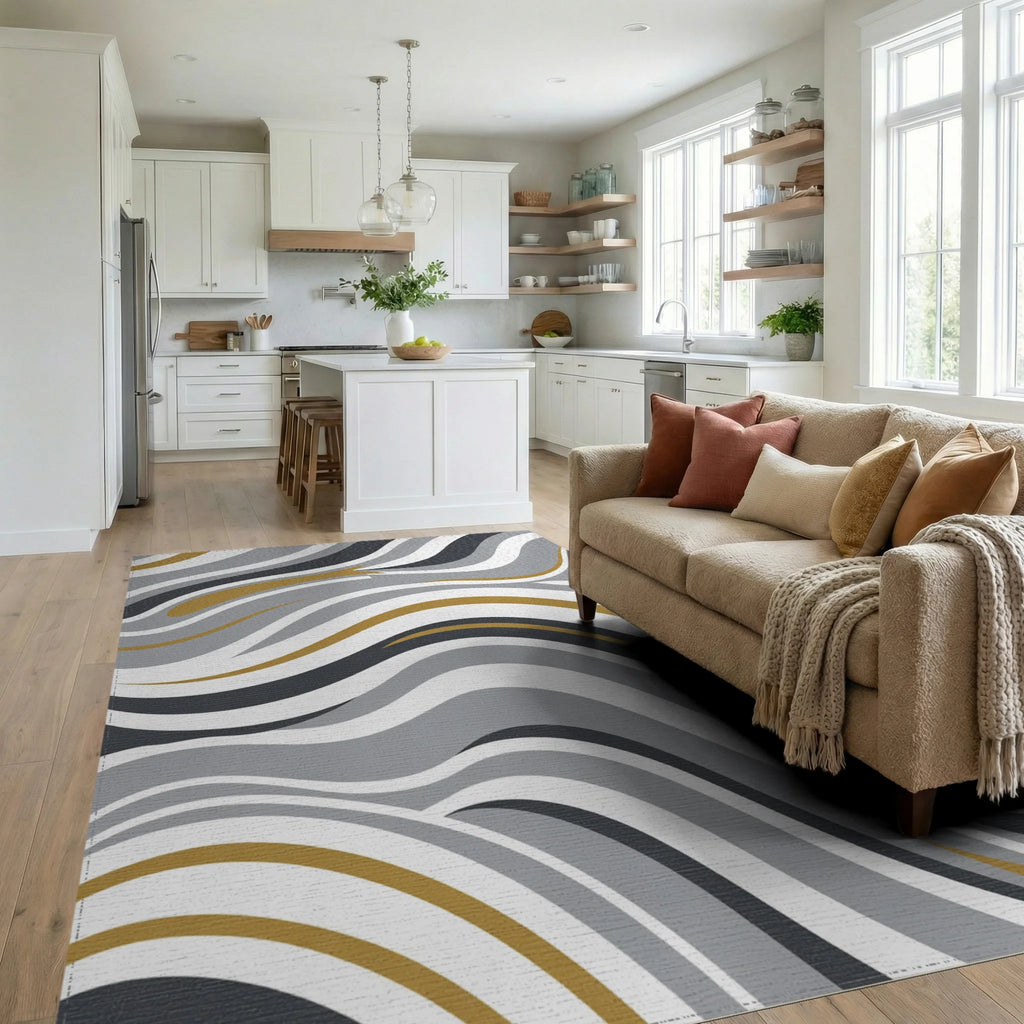 Gray Gold Wave Stripe Landscape Rug Living Room View