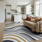 Gray Gold Wave Stripe Landscape Rug Living Room View