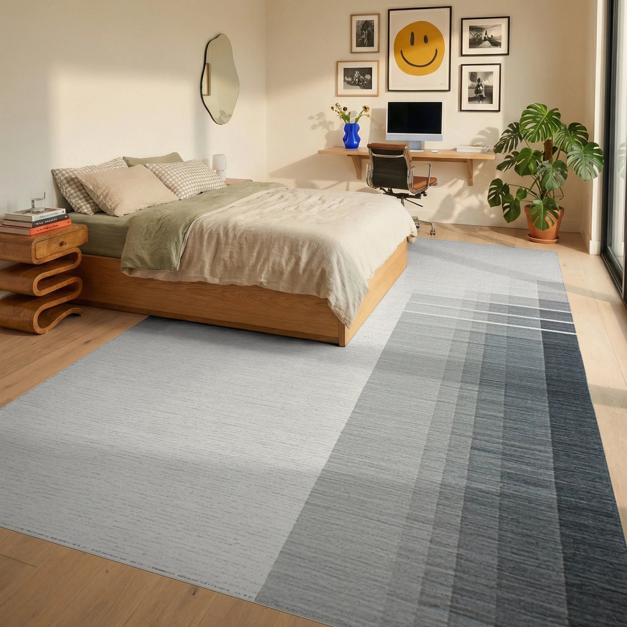 Gray Gradient Vertical Stripe Rug Bedroom View