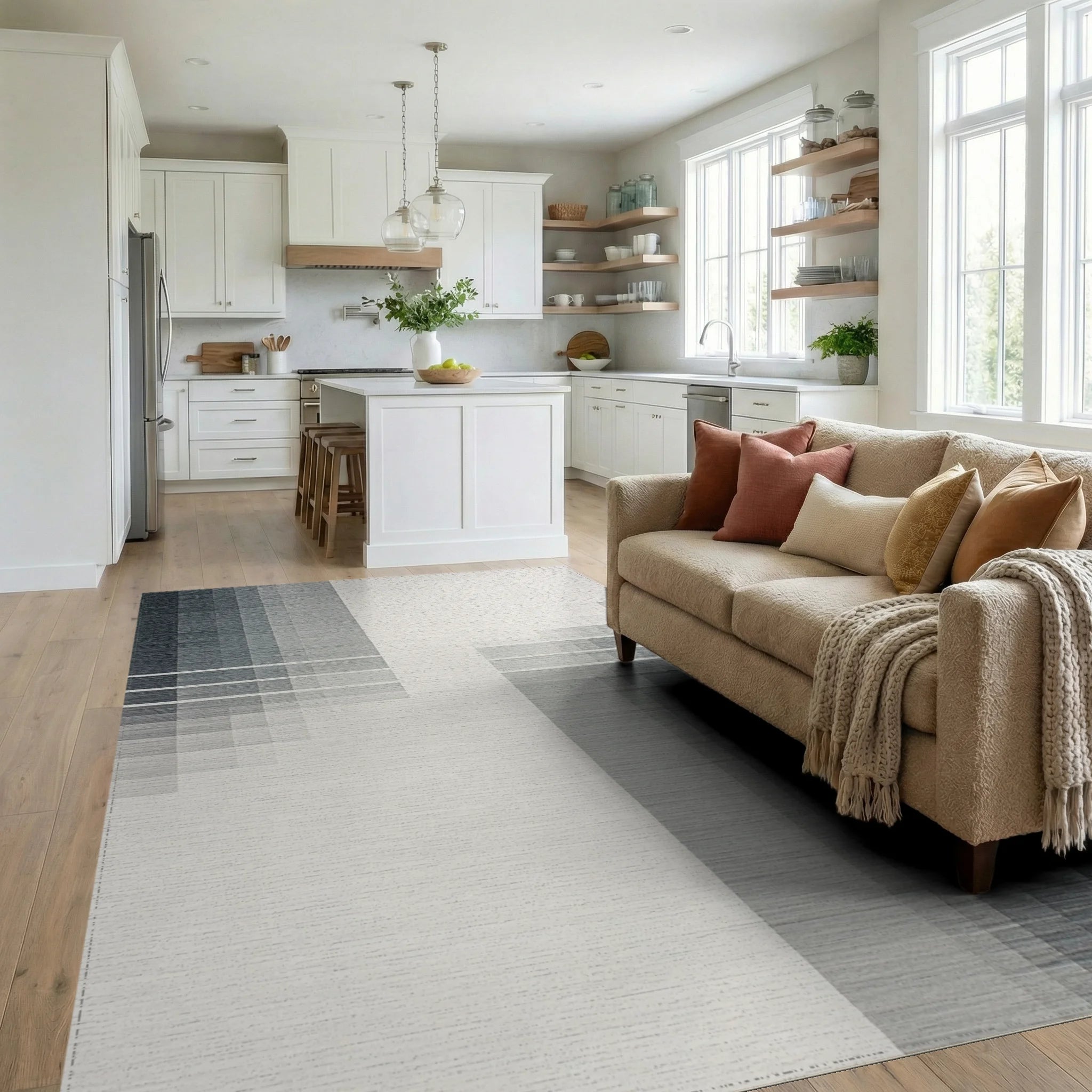 Gray Gradient Vertical Stripe Rug Living Room View