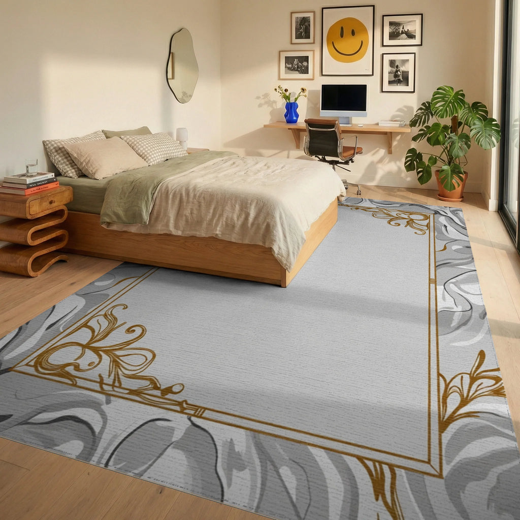 Gray Marble Swirl Art Nouveau Frame Rug Bedroom View