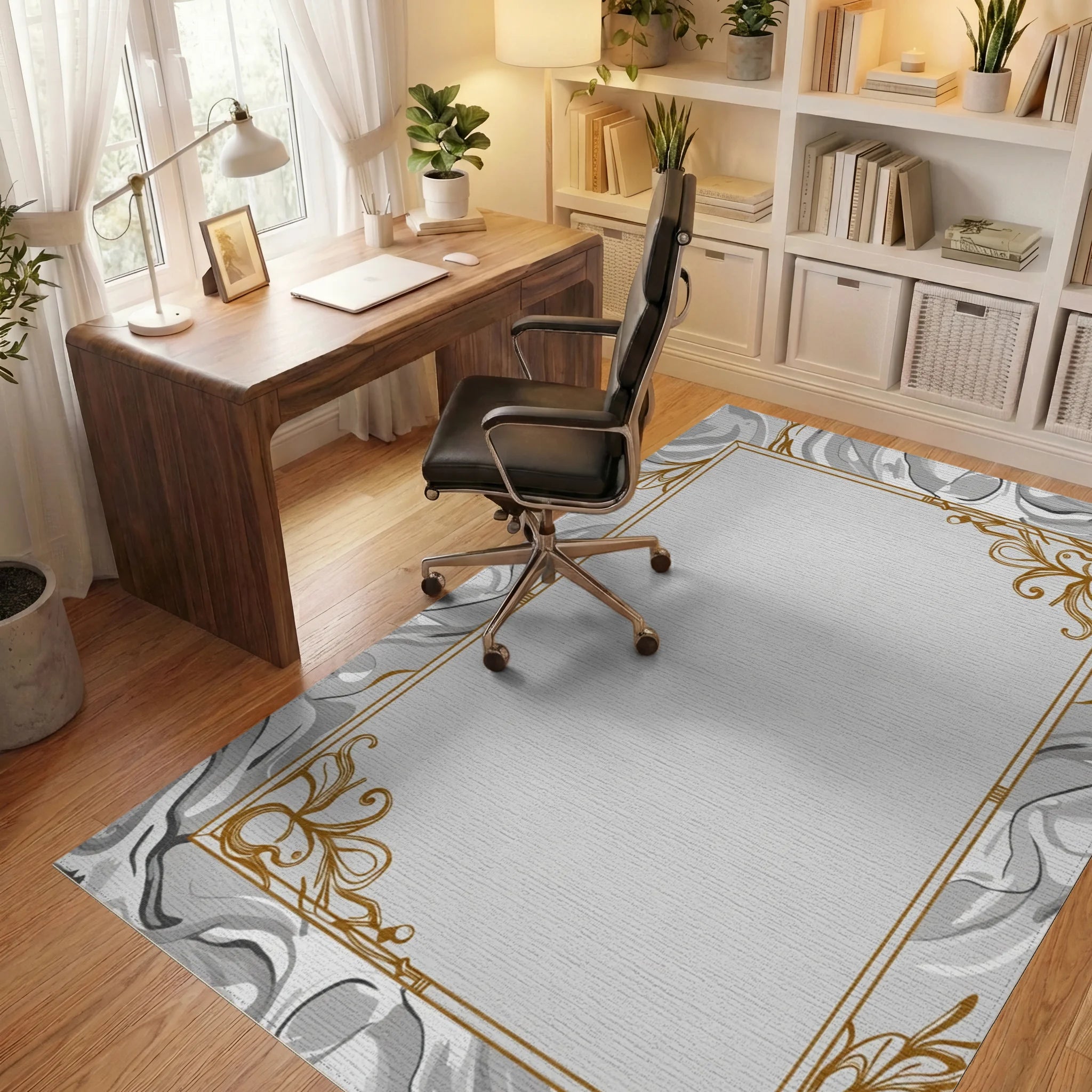 Gray Marble Swirl Art Nouveau Frame Rug Office View