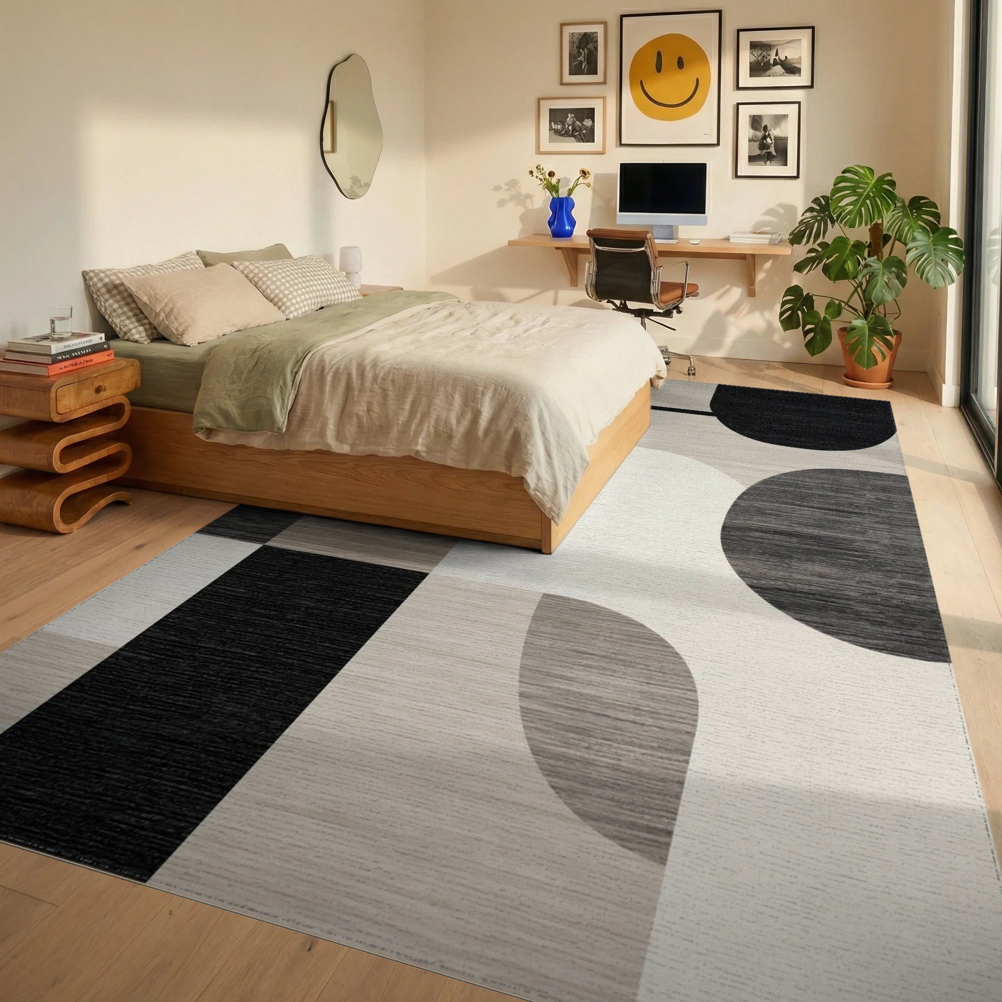 Gray Neutral Abstract Geometric Shapes Rug - Bedroom View