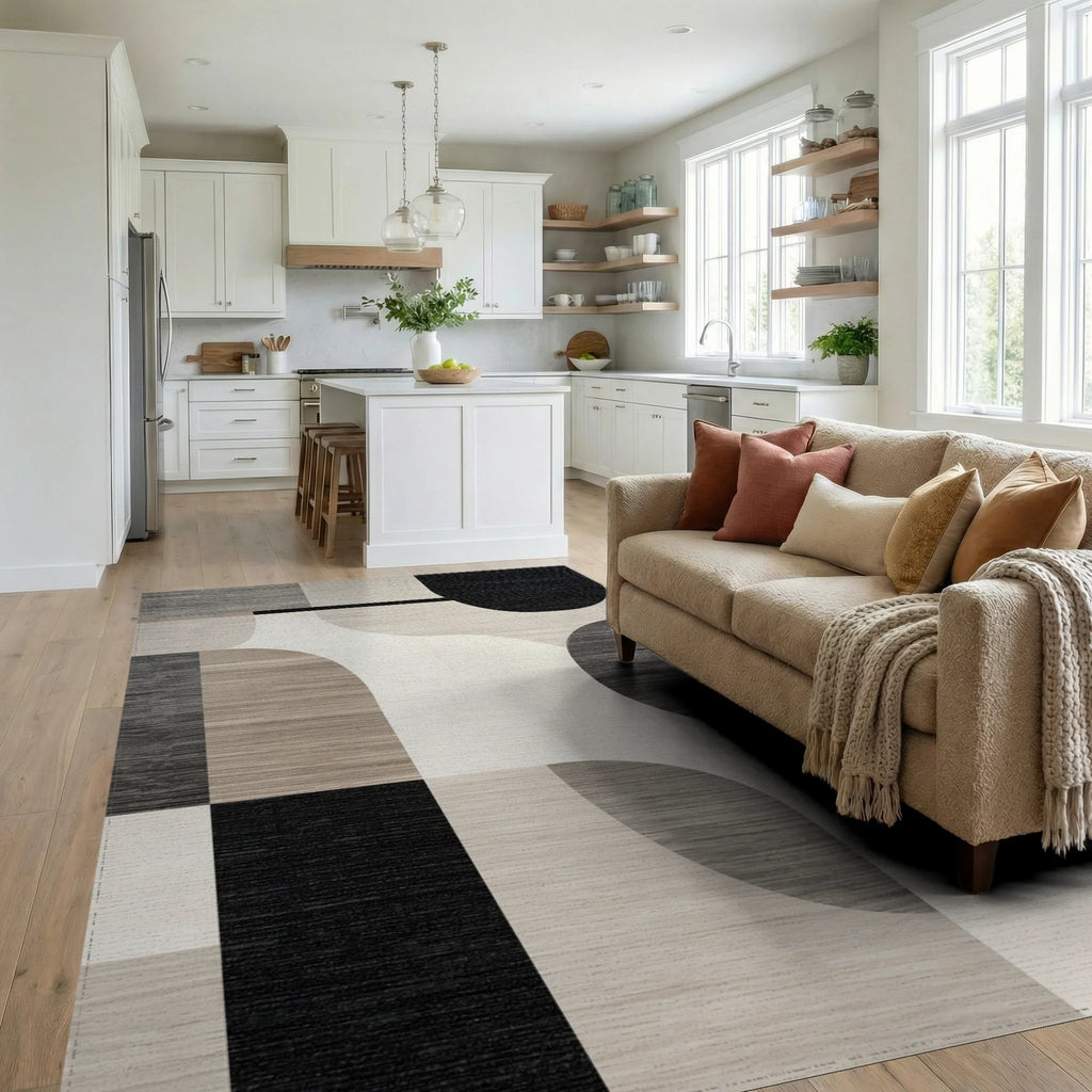 Gray Neutral Abstract Geometric Shapes Rug - Living Room View