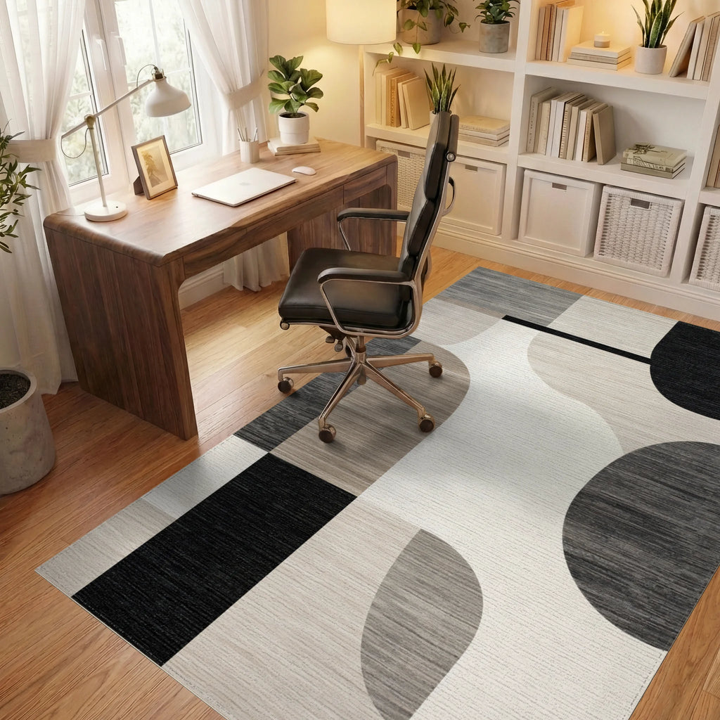 Gray Neutral Abstract Geometric Shapes Rug - Office View