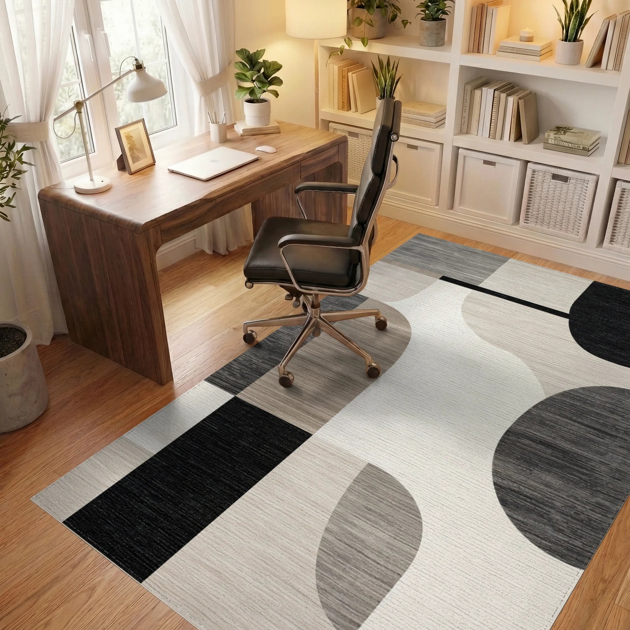 Gray Neutral Abstract Geometric Shapes Rug - Office View