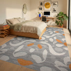 Gray Orange White Abstract Floral Layout Rug - Bedroom View