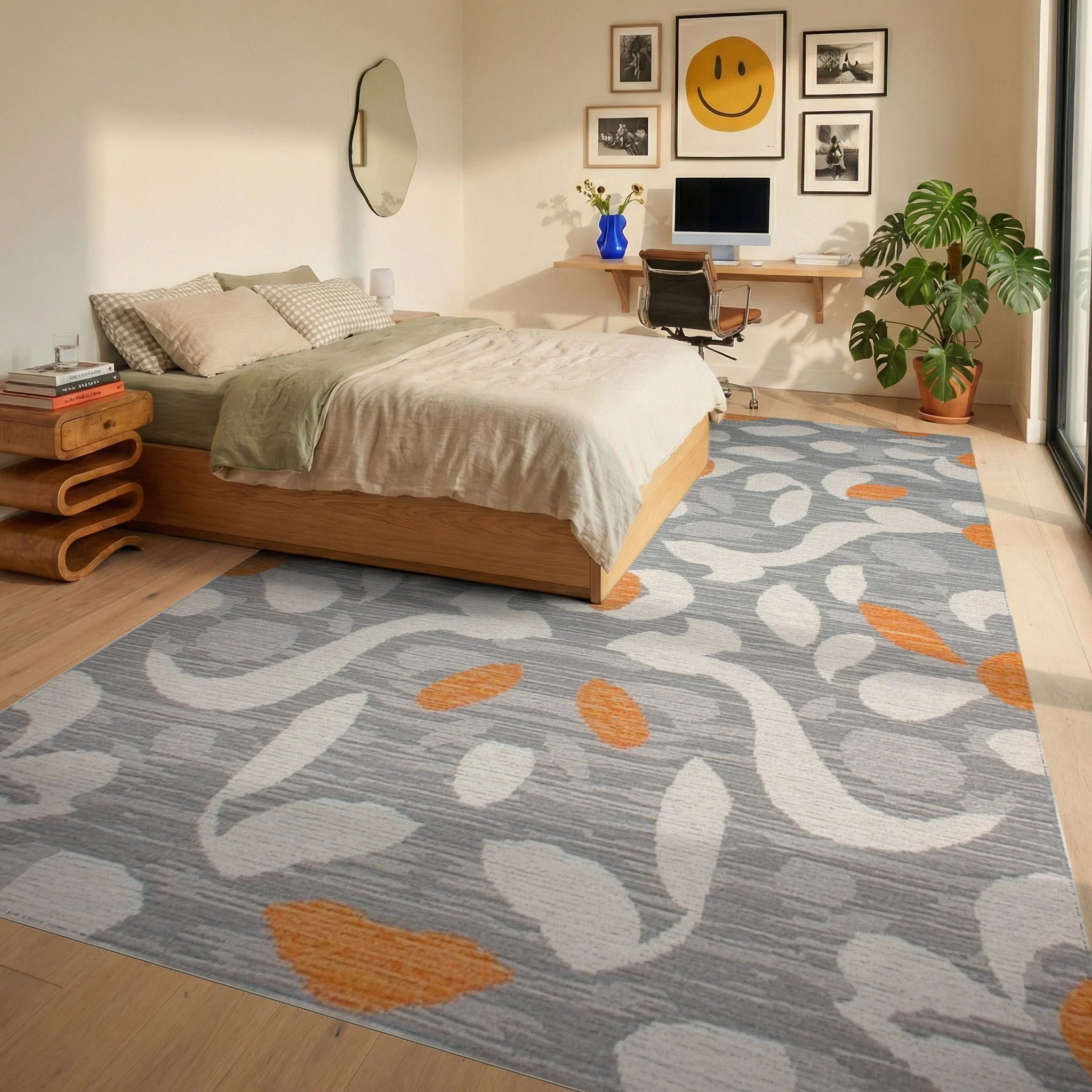 Gray Orange White Abstract Floral Layout Rug - Bedroom View