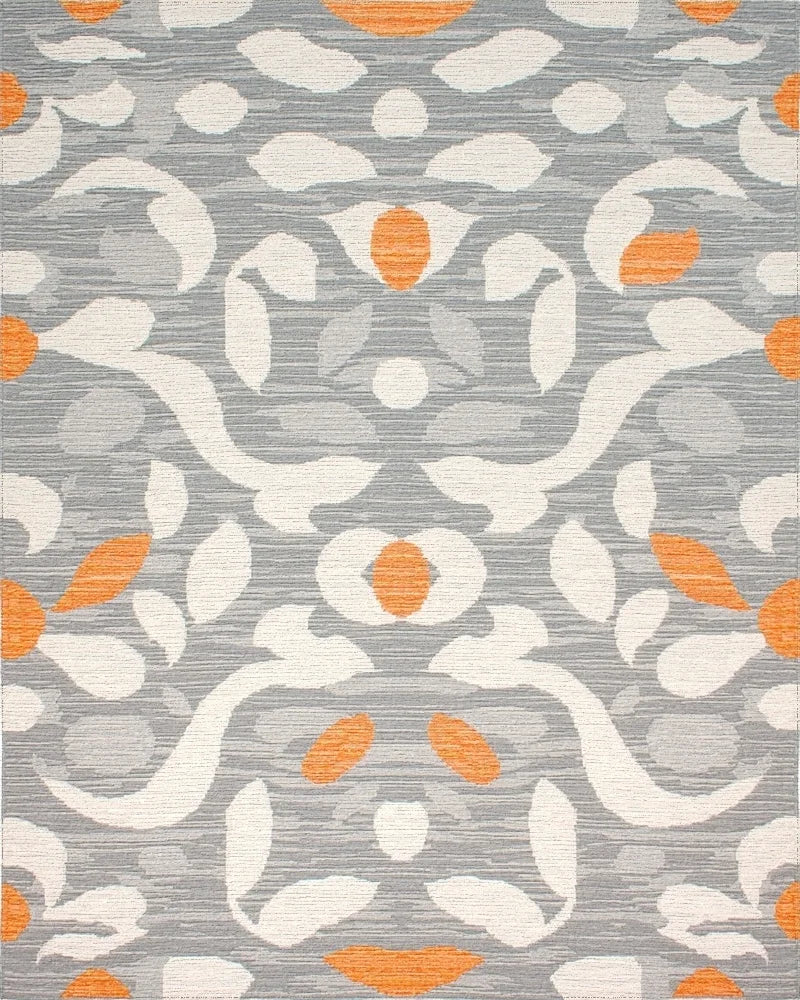 Gray Orange White Abstract Floral Layout Rug - Cutout View