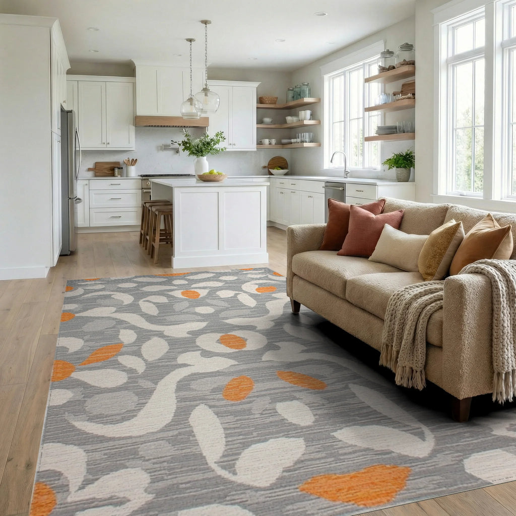 Gray Orange White Abstract Floral Layout Rug - Living Room View