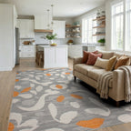 Gray Orange White Abstract Floral Layout Rug - Living Room View