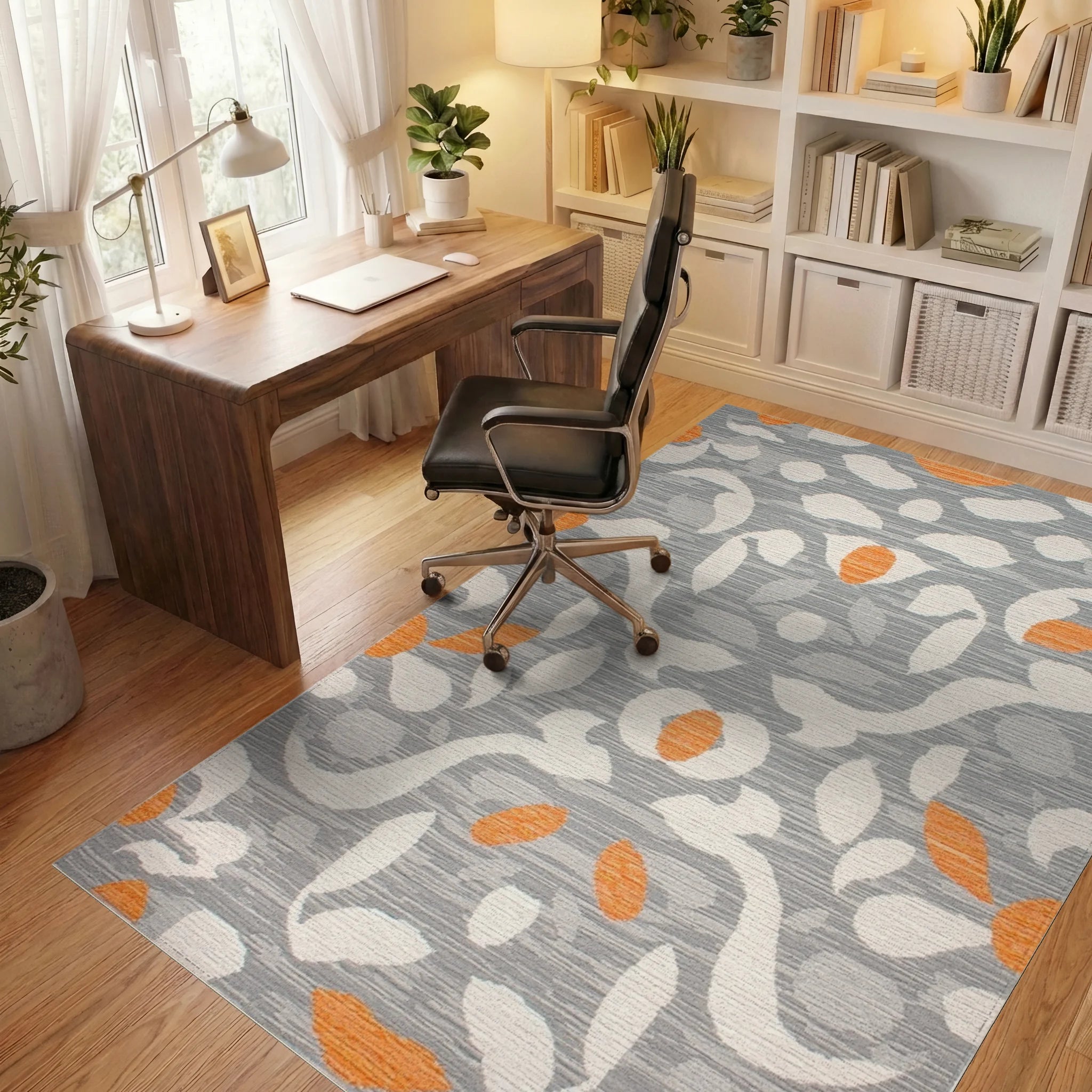 Gray Orange White Abstract Floral Layout Rug - Office View