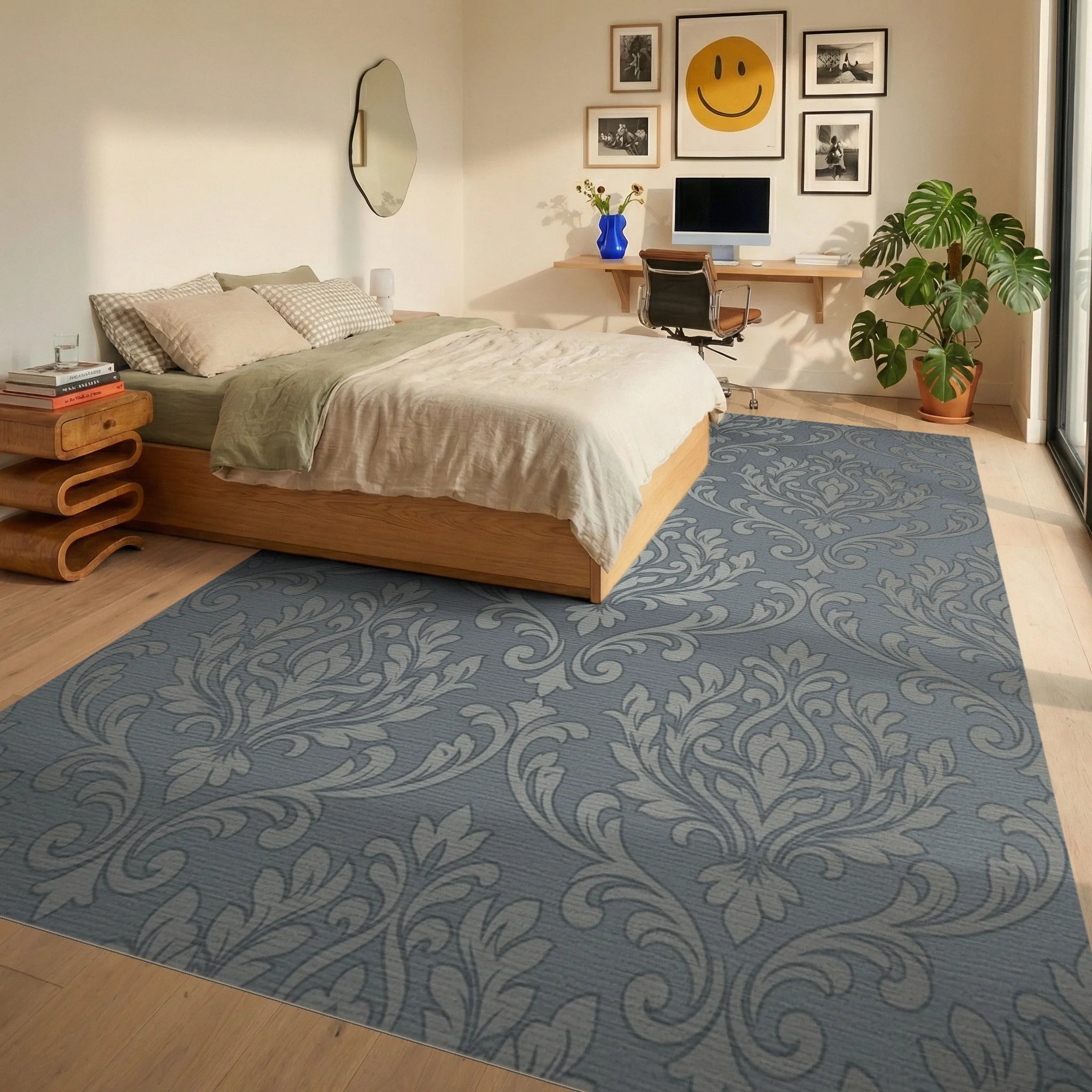 Gray Silver Damask Scroll Rug Bedroom View