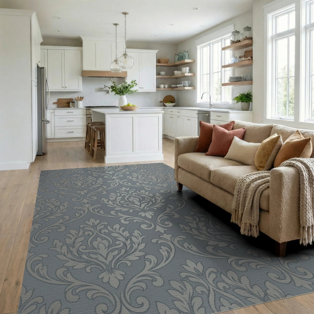 Gray Silver Damask Scroll Rug Living Room View